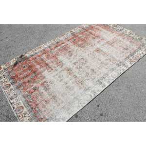 พรมขนาด 4.4x7.9 ฟุต, พรมวินเทจตุรกี, พรมขนสัตว์ลายเรขาคณิตสีแดงเทา - Product Image 4