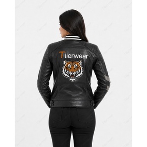 Chaqueta de Motociclista de Cuero Genuino para Mujer Tiierwear, Manga Larga, Cierre de Cremallera, Resistente al Viento, Color Negro Sólido, Estilo Biker, para Otoño - Product Image 4