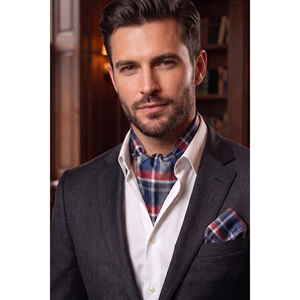 Men's Red Navy Blue Plaid <b>Square</b> Patterned Accessory <b>Set</b> <b>Square</b> Scarf Shawl Ascot Cravat Handkerchief - Product Image 1