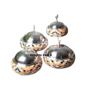 <b>Set</b> of Three Metal Etching Design Hotpot Double Wall Tabletop Casserole Round Shape Luxury New Metal Food Warmer - Product Image 4