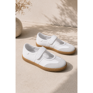Ballerines Mary Jane blanches confortables en cuir véritable antidérapantes avec semelle intérieure en cuir véritable, bout fermé et fermeture Velcro pour l'automne, le sport et l'usage quotidien - Product Image 1