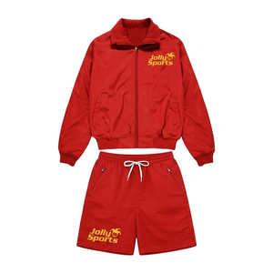 Conjunto Corto de Chaqueta Cortavientos de Algodón y Poliéster para Hombre, Diseño de Paneles Beige y Marrón, Estampado Puff, Logotipo Personalizado - Product Image 2