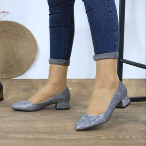 Zapatos de tacón corto y grueso con purpurina plateada para mujer, 5 cm, sherry 40-43, fabricados en Turquía - Product Image 1