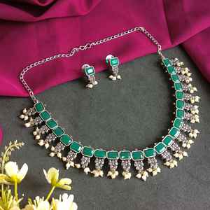 Indian Manufacturer Jewelry Oxidized Crystal Stone Bridal Necklace Sets Faux Pearl Drop Dangle Earrings for Women - Product Image 2