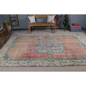 Vintage Large Rug 6.5x9.9 ft, <b>Red</b> Floral Turkish <b>Wool</b> Rug - Product Image 2