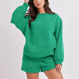 Conjuntos de chándal al por mayor 2025, conjunto de pantalones cortos y sudadera de color sólido a la moda y manga larga con cuello redondo para mujer - Product Image 3