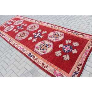 Alfombra Turca de 4.7x12.2 pies, Alfombra Vintage, Alfombra de Lana con Diseño Floral Rojo - Product Image 4