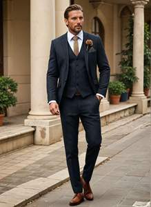 Trajes de boda de espiga azul Retro de lana para hombres de 3 piezas, traje de hombre de Tweed Blazer ajustado a medida - Product Image 5