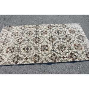 Turkish Vintage Area Rug 3.6x6.9 ft, <b>Brown</b> White Floral <b>Wool</b> Rug - Product Image 3