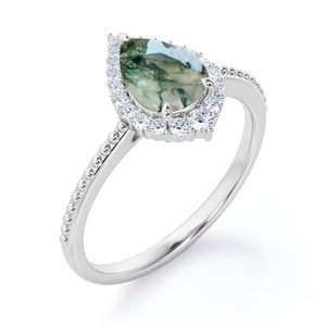 Anillo de Compromiso Clásico de Plata de Ley con Corte Pera de 0.7 Quilates Personalizado, Estilo Halo Vintage con Ágata Musgosa, Chapado en Rodio para Bodas - Product Image 4