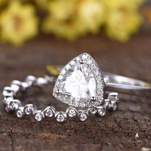 Anillo de compromiso con corte trillion, anillo de bodas de diamantes, 2 anillos, anillo de promesa de diamantes de eternidad completa - Product Image 3