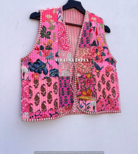 Handmade <b>Vintage</b> Cotton Quilted <b>Jacket</b> for Women Leather Shell Kimono Stripe Piping Logo Decoration for Outdoor Season - Product Image 2