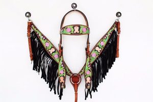 COLLAR DE Pecho DE CUERO OCCIDENTAL DISEÑO DE FLECOS NEGROS CON DISEÑO DE CINTA EN COLORES ROSA, VERDE, TURQUESA Y NEGRO - Product Image 2