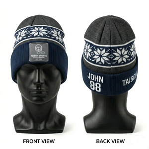 Casquette de hockey sur glace en tricot 100% laine TAISON SPORTS Premium 320 GSM, bleu marine, gris, blanc, jacquard, avec patch personnalisé tissé, nom et numéro - Product Image 1