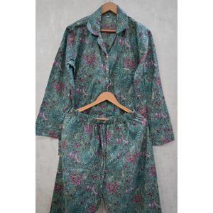 Pyjama en coton imprimé à la main, ensemble de pyjama indien à fleurs, manches longues, luxe, confortable, doux, respirant, séchage rapide, vêtements de nuit - Product Image 3