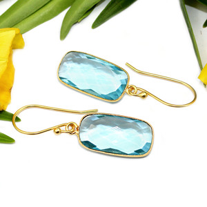 Minimalist Design Opalite Gemstone Hydro <b>Quartz</b> Cushion Shape 18kGold Plated Bezel <b>Earring</b> Lite Weight Brass Women Girls Jewelry - Product Image 6
