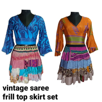 Indisches Boho-Design Vintage Seiden-Sari 2-teiliges Top-Set mit Rock für Damen Spitze Reißverschlüsse Knöpfe Digitaldruck Waschbar Hochwertig