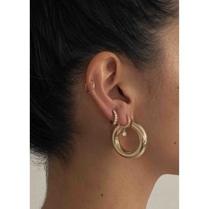 Bold Medium Hoop <b>Earrings</b> Trendy Geometric Titanium Brass Copper Huggie with Zircon Pearl Main Stones Rhodium & Gold Plated Gift - Product Image 6