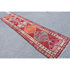 Alfombra Kilim clásica roja y naranja de 2,8x12,5 pies, alfombras rectangulares turcas de área grande de lana, retales abstractos de látex de 10mm para pasillo - Product Image 4
