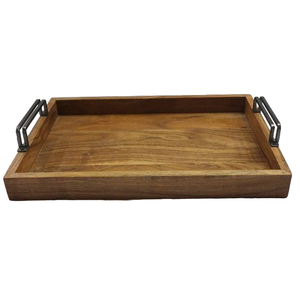 Bandeja DE SERVICIO DE MADERA rectangular moderna con mango de metal Base antideslizante Bandeja decorativa Bandeja de madera con logotipo personalizado - Product Image 6