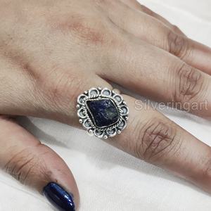 แหวนหินดิบสำหรับผู้หญิง แหวนลาพิส ลาซูลีธรรมชาติ แหวนสไตล์โบฮีเมียน ของขวัญวันครบรอบ แหวนเงินแท้ 925 - Product Image 4