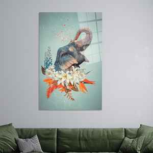 Arte Mural Bohemio Impreso con Elefantes - Decoración Moderna de Lienzo con Diseño Floral de la Selva, Arte en Vidrio Templado - Product Image 1