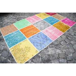 Alfombra Turca de 4.3x7.2 pies, Alfombra Vintage, Alfombra Azul con Diseño de Patchwork - Product Image 2