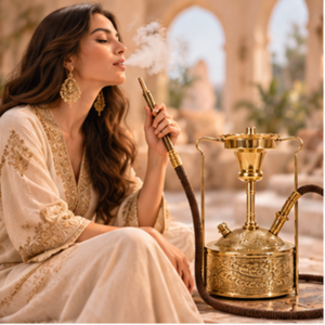 Chicha de table de luxe en laiton doré avec finition laquée florale égyptienne |   Chicha arabe ornée, martelée à la main - Product Image 4