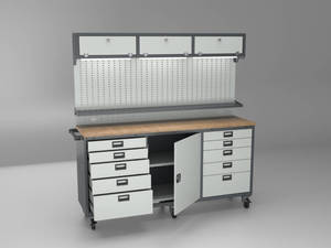Banc de travail professionnel pour atelier de fabrication avec rangement d'outils, tiroirs et panneau perforé suspendu |   Armoire de garage robuste - Product Image 5