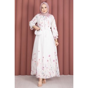 Robe en mousseline écru à motif floral, demi-boutonnée, ceinturée, élégante et discrète pour femme, taille XS, respirante, légère, coupe Empire, manches bouffantes, idéale pour la journée - Product Image 3