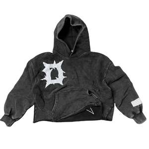 Sweats à capuche courts personnalisés délavés à l'acide pour hommes-Sun Faded, bord coupé, ourlet brut, Applique, patch vieilli, broderie, mode sans poche - Product Image 6