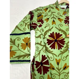Suzani Hand Embroidery Reversible Mandarin Collar <b>Long</b> <b>Jacket</b> <b>Men</b> Women Green Floral Design Custom Logo 100% Cotton Spring XL - Product Image 2