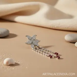 Boucles d'oreilles vintage pour femmes en argent plaqué or avec des gouttes de rubis, pierres principales géométriques en diamant et en perle pour mariage ou fête - Product Image 2