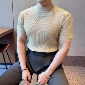 T-shirt Slim Fit à manches courtes en soie de glace tricotée à la mode d'été pour hommes Business Causal Classic Retro T Shirt - Product Image 5