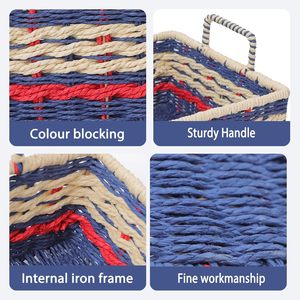 Multi-Color Woven Paper <b>Rope</b> <b>Storage</b> <b>Basket</b> Set - Rectangular Fabric <b>Storage</b> Bins with Handles for Kids Room & Home Decor - Product Image 4