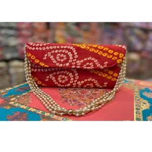 New Arrival Bandhej Print Red and <b>Green</b> <b>Clutch</b> Purse With Pearl Handle <b>for</b> <b>Wedding</b> Favour Return Gift - Product Image 1