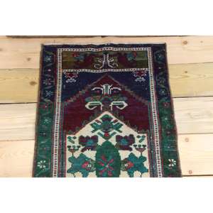 Alfombra Turca Vintage de 1.6x3.2 pies, Alfombra de Lana Azul con Estampado de Animales Pequeños - Product Image 3