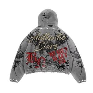 Ensemble de sweat-shirt à lavage acide personnalisé pour hommes, pantalon de survêtement évasé brodé, survêtement vintage streetwear, sweat-shirt à fermeture éclair en coton lourd - Product Image 3