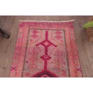 Alfombra Vintage Estilo Runner, Alfombra Turca de 3.6x9.6 pies, Alfombra de Lana Sólida Rosa - Product Image 4