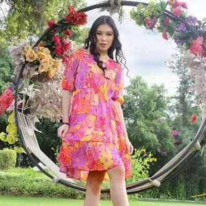 Main indienne bloc coton robe courte personnalisée mariée cadeau de mariage fille élégante tenue décontractée été porter robe à imprimé floral - Product Image 1