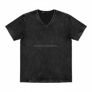 T-shirt col en V en coton lavé coupe ajustée pour homme, noir, vente en gros, commande en vrac, OEM, marque privée - Product Image 1