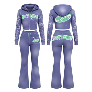 Custom Winter Streetwear Acid <b>Wash</b> Hoodie Set Women Elastic Waist & Flared Pants Two Piece Lounge Tracksuit - Product Image 1