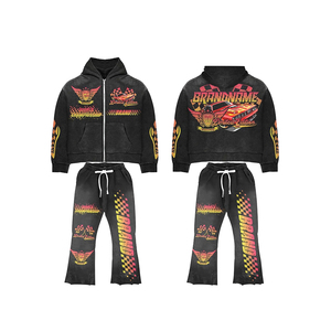 ชุดวอร์มแฟชั่นผู้ชายแบบขายส่ง สไตล์สตรีทแวร์สำหรับฤดูหนาว ทรงขาบาน มีฮู้ดพร้อมเชือกผูก  ลายพิมพ์ดีไซน์ตามสั่ง ปรับแต่งได้ - Product Image 1