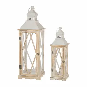 Premium quality factory direct sale cheap simple creative Portable Hanging 2 Piece Metal & Wood Lantern Set For Interior Decor