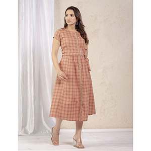 Vestido Corto Estampado de Algodón Color Durazno, Elegante, Casual, Hasta la Rodilla, Mangas Abullonadas, Cierre de Cremallera, Transpirable, Cintura Natural, para el Día a Día y Fiestas, Talla XS - Product Image 4