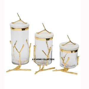 Metal New Designer Fancy Canister Gold Leaf Sugar Coffee & <b>Tea</b> Decorative Kitchen Canister with Trendy Marble Lid - Product Image 2