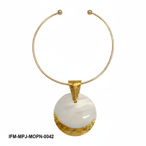 Handcrafted Mother of Pearl Torc <b>Necklace</b> Gold Textured Crescent Inlay <b>Boho</b> Collar Statement Jewelry for Women - Product Image 3