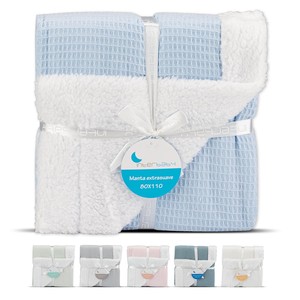 Couverture en peluche bleu uni motif nid d'abeille, technique de tissage - Product Image 1