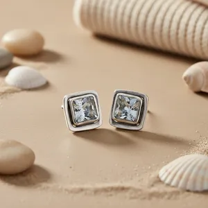 Trendy Silver <b>Square</b> Stud <b>Earrings</b> for Women Daily Wear Zircon Pearl <b>Diamond</b> Gemstones Alloy Brass Rhodium for Parties Religious - Product Image 1