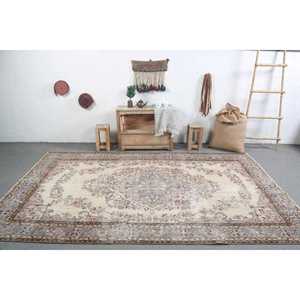 Vintage Turkish Large Rug 6x9.7 ft, <b>Brown</b> Gray Bordered <b>Wool</b> Rug - Product Image 3